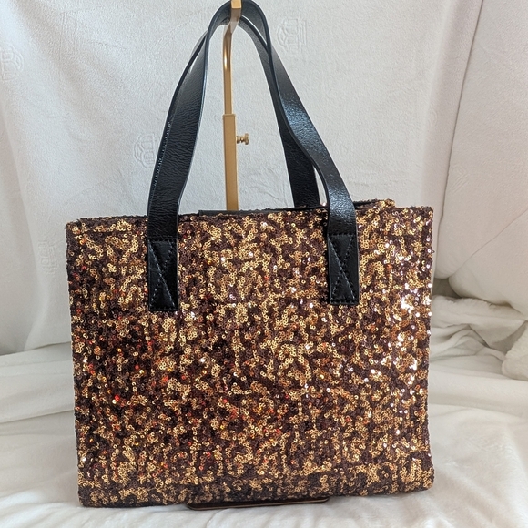 Kate Spade Black and Gold Sequin Shopper Style Tote Bag Leather Handles EUC - Picture 3 of 12